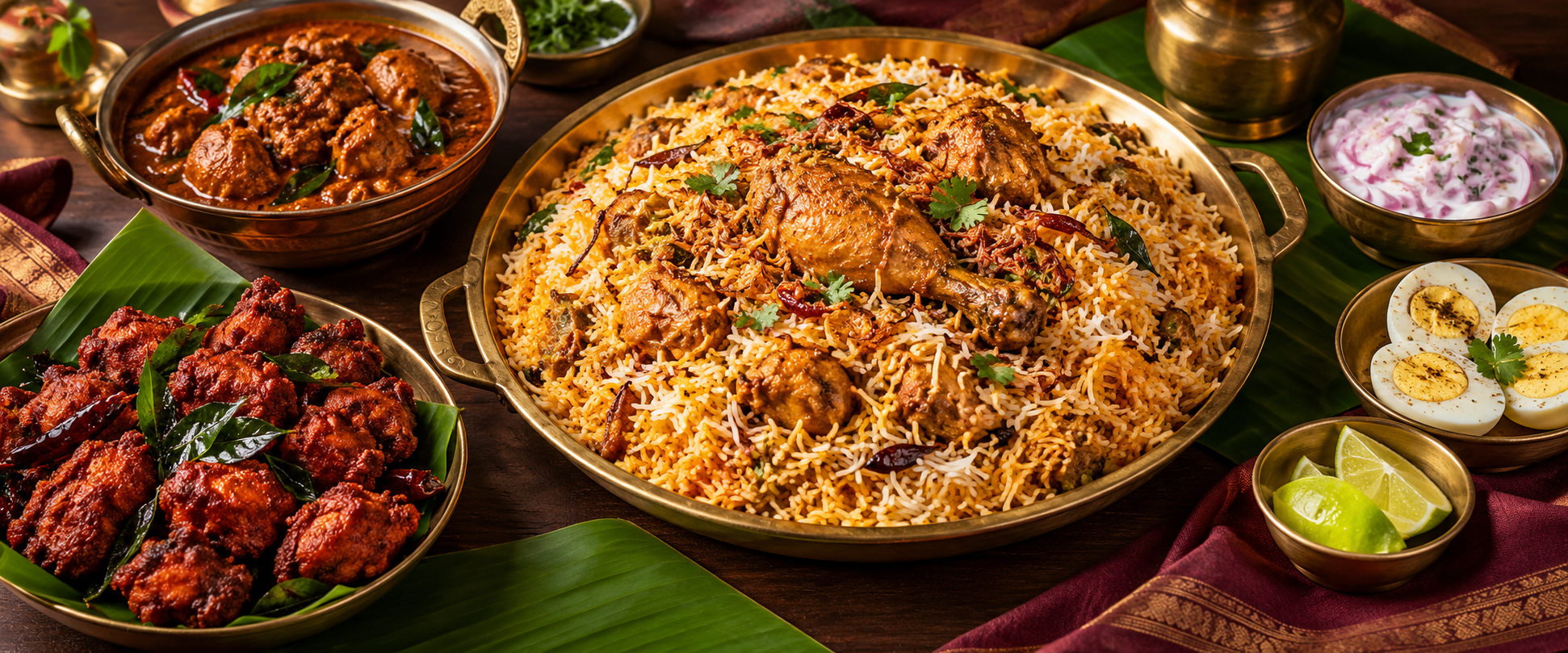 Chicken biryani and non-vegetarian accompaniments
